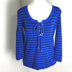 Cable & Gauge Royal Blue & Black Stripe Top, Tie Front with Grommets, Sz Med